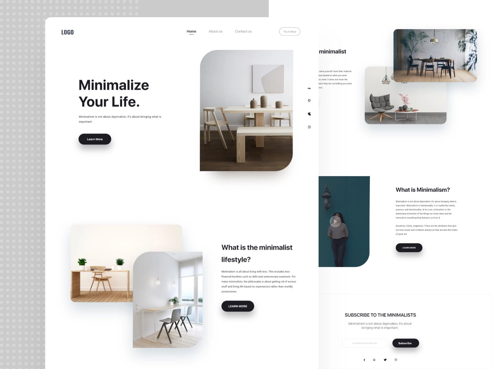 Website design template explaining the minimalist lifestyle