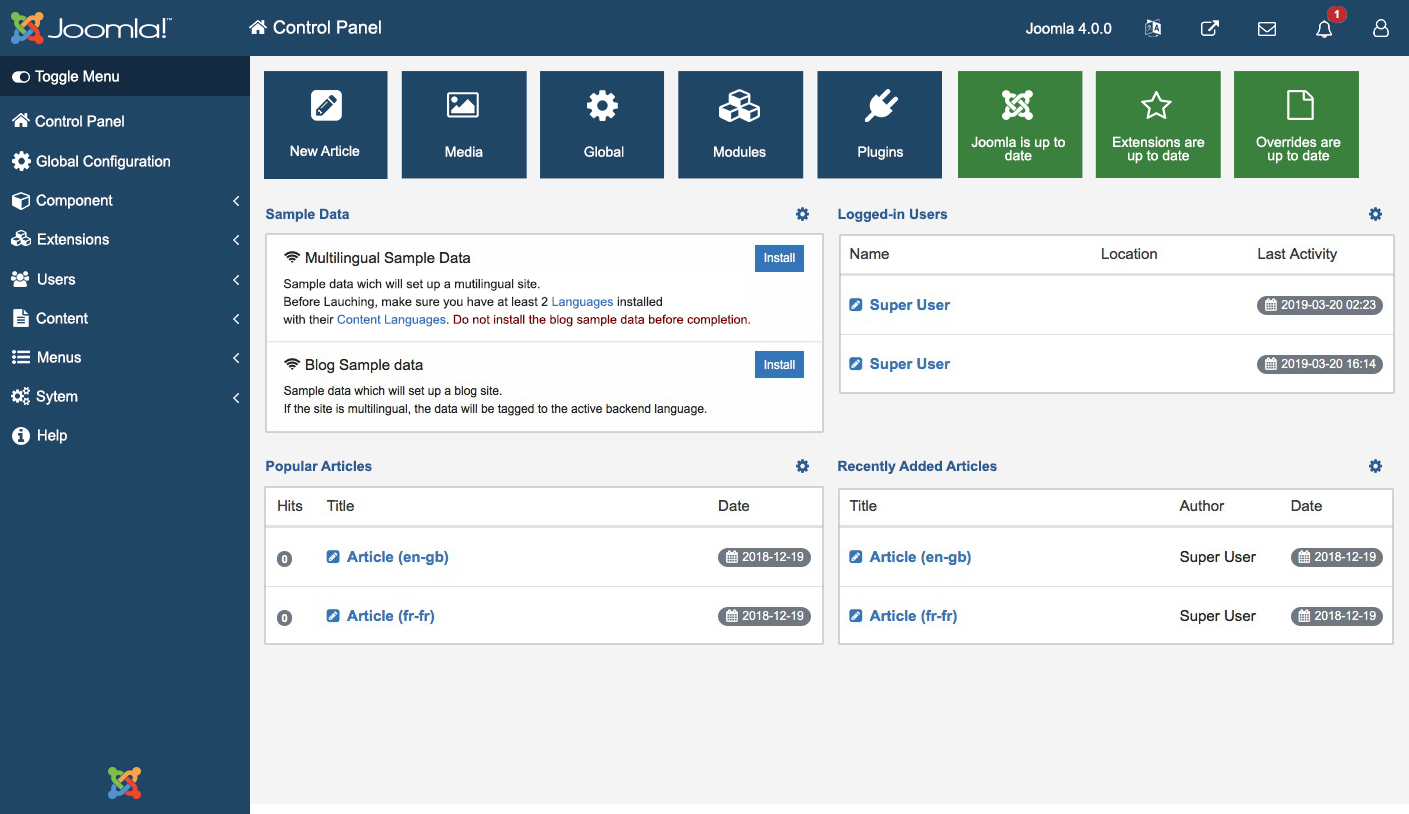 Joomla Website CMS UI Dashboard