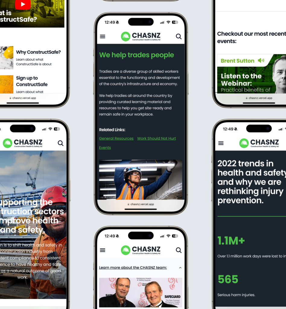 Different views of the responsive mobile layout design for Construction Health & Safety New Zealand's website