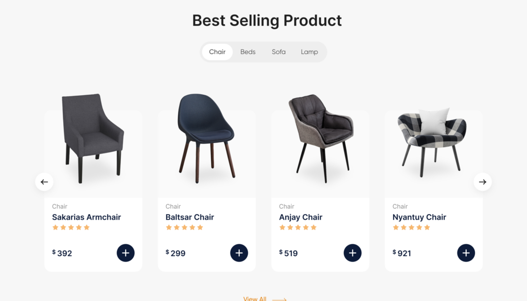 A template website design for ecommerce showing their best selling chair products