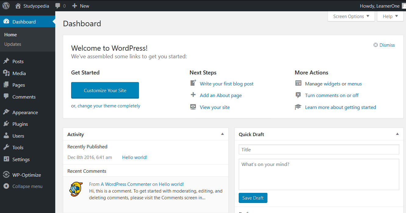 WordPress User Interface Dash Board view