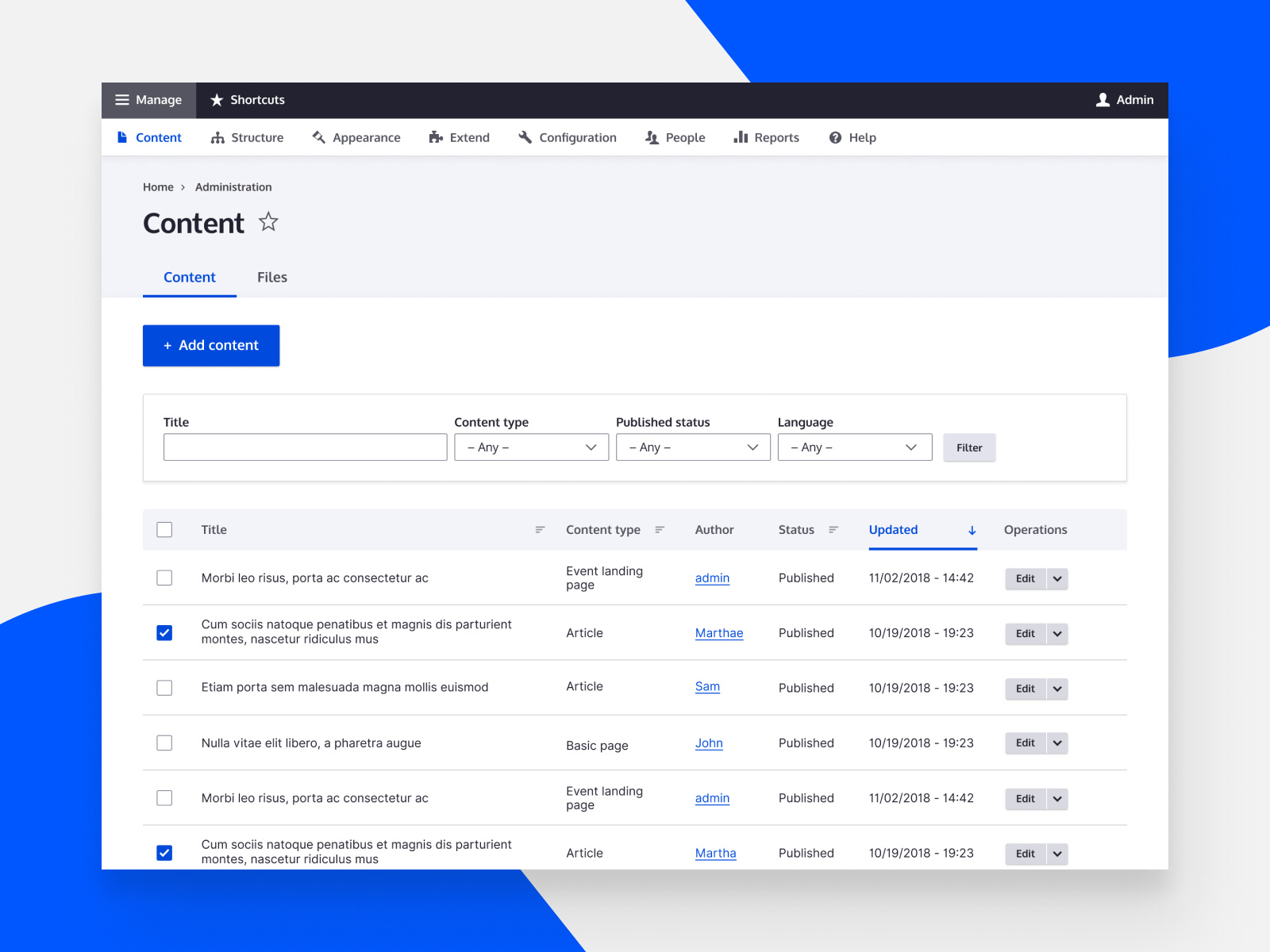 Drupal Website Content Management System UI Dashboard