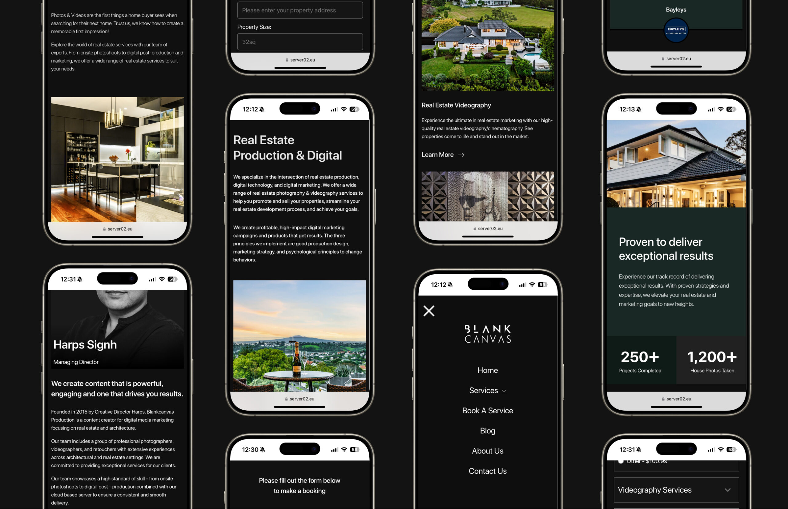 Different mobile layouts for Blank Canvas's website for their real estate photography and marketing services