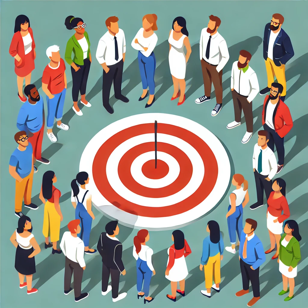 A group of diverse people standing around a bullseye target from Birds Eye view