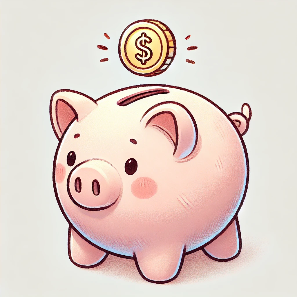 A cartoon hand drawn piggy bank with a single gold coin above it