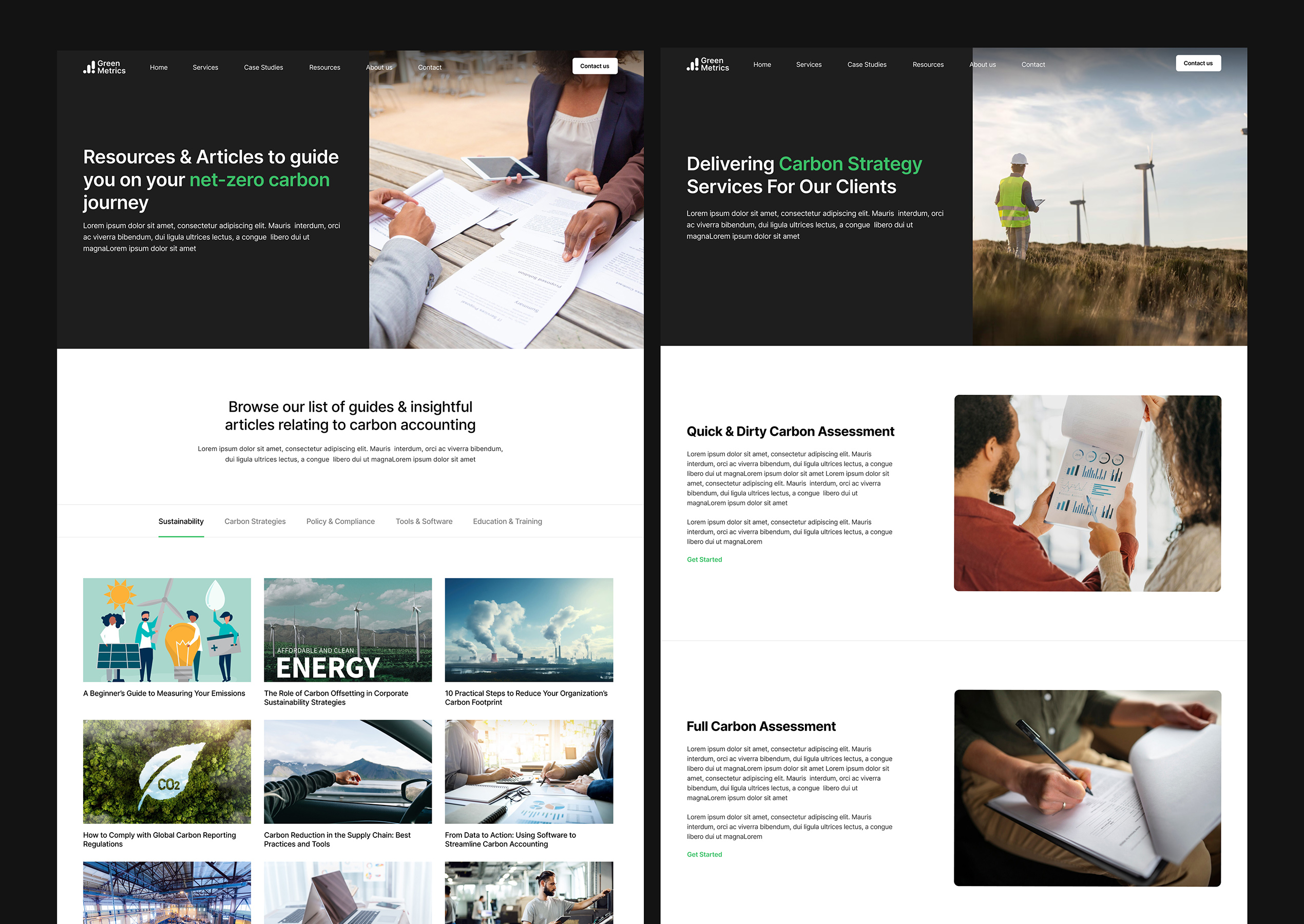 Side by side web pages for GreenMetrics Carbon Accounting Firm Website