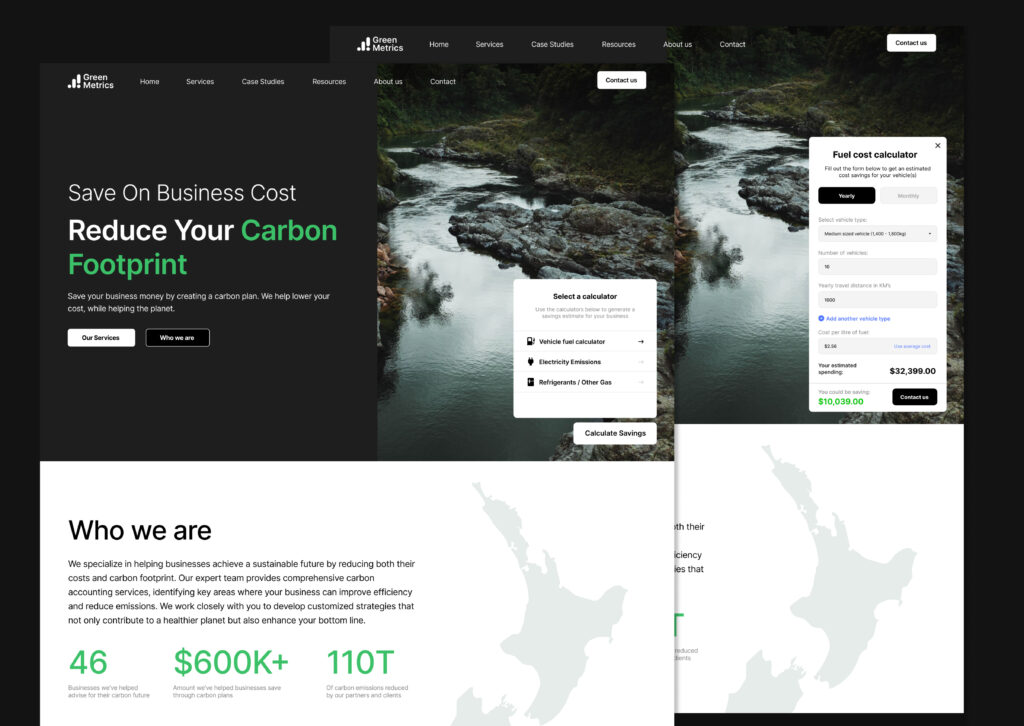 GreenMetrics Carbon Accounting Firm website home page slides with carbon calculators